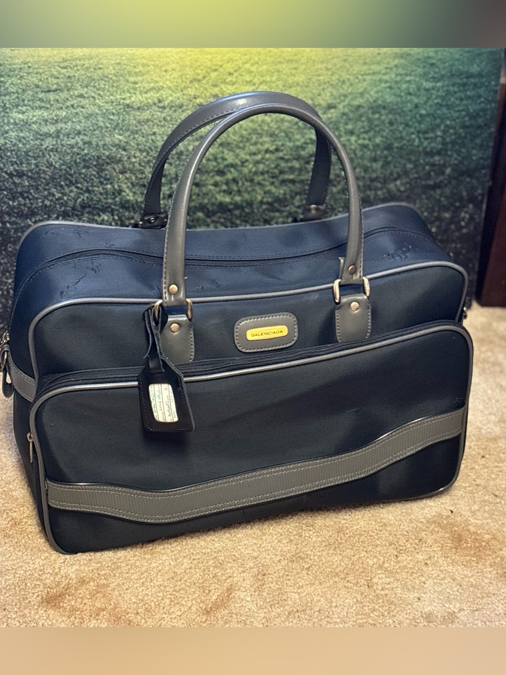 Vintage Balenciaga Black Nylon & Grey Trim Weekender Travel Duffel Bag